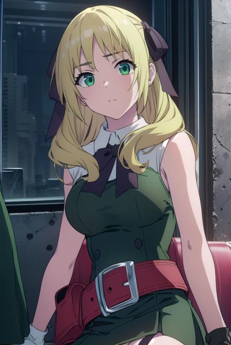 estelle rosenthal, long hair, blonde hair, (green eyes:1.5), mole, mole under eye, black ribbon, black bow, hair ribbon, skirt, shirt, thighhighs, gloves, bow, ribbon, bare shoulders, white shirt, sleeveless, belt, black thighhighs, miniskirt, bowtie, sleeveless shirt, red skirt, garter straps, red gloves, high-waist skirt, pink gloves, thighhighs, belt, black thighhighs, zettai ryouiki, nurse,