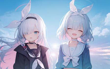 masterpiece, best quality, (2girls,multiple girls), (one girl in white, another girl in blue),  smile, closed eyes, sky, closed mouth, looking at viewer,  upper body, cloud, open mouth
(purana,  halo, pantyhose, long hair,  white hair,white necktie,braid,black serafuku,school uniform,white hairbow,black sailor collar, black hairband, black choker, long sleeves,  black coat ,hair over one eye, grey eyes, black pantyhose, black skirt:1.04),
(arona,bowtie,multicolored hair,blue hair,short hair,pink hair,school uniform,white bow hairband,white bow,white bowtie,white sailor collar,braid,blue serafuku,long sleeves, halo,  choker, hair over one eye, white skirt, blue eyes:1.04),
<lora:aronaslora-000016:0.9>