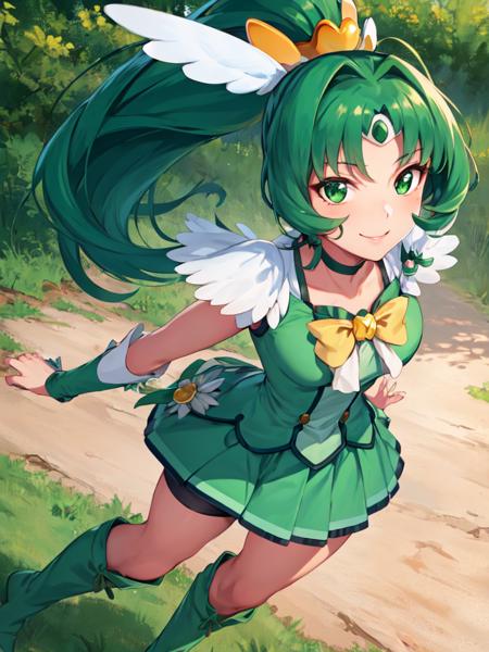 cure march bowtie, high ponytail, arm warmers, feather hair ornament, green boots, shorts under skirt, green shorts