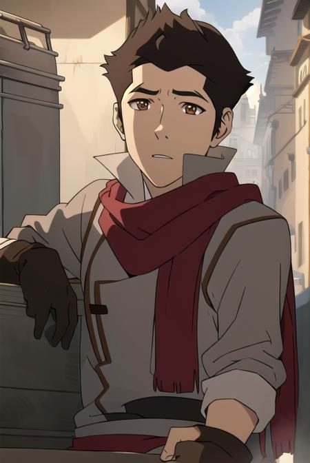 mako, 1boy, mature male, short hair, black hair, (brown eyes:1.5), jacket, red bodysuit, earrings, tank top, white tank top, gloves, scarf, sleeves rolled up, red scarf,