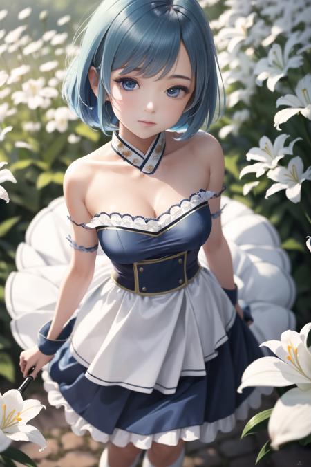 1girl, solo, cowboyshot, from above, Sayaka Miki wearing a (hanbok:1.2), (posing in a garden), casual pose, extremely detailed textures, posing, (detailed anime eyes),<lora:SayakaMiki:1> BREAK field of white lilies, aesthetic, intricate, sharp focus, aesthetic, intricate, sharp focus, best quality, extremely detailed,bokeh