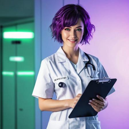 A nurse working in an Emergency Room. She carrying a clipboard. White nurse uniform. full body shot. Short purple hair. Green eyes. Fluorescent lighting. < nurse job > Pleasant smile. (lucy \(cyberpunk\))