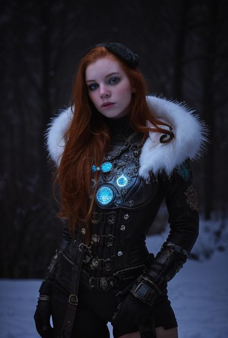 ginger, Artistic Portrait 18yo beautiful woman, perfect nose, perfect face, perfect, gorgerous, slim girl , Caucasian, white skin, white eyes,  snowstorm,  snow, wind, blizzard, light theme, steampunk outfit, black eyeliner, cinematic light, Night Photography, Light Beans, dramatic light, intricate details <lora:ginger_v03:0.6> <lora:steampunkengis_ss13_mech:1>