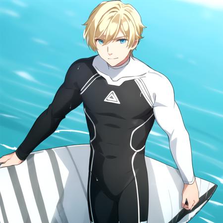 (((1boy, solo focus, muscular male))), bodysuit, black and white wetsuit, (((facing viewer, looking at viewer))), blue eyes, blonde hair, standing, sho akitsuki <lora:Sho_Akitsuki_RT2:0.65> , (((white shoulder sleeves))), wet, sweat, light smile, (((holding surfboard))),