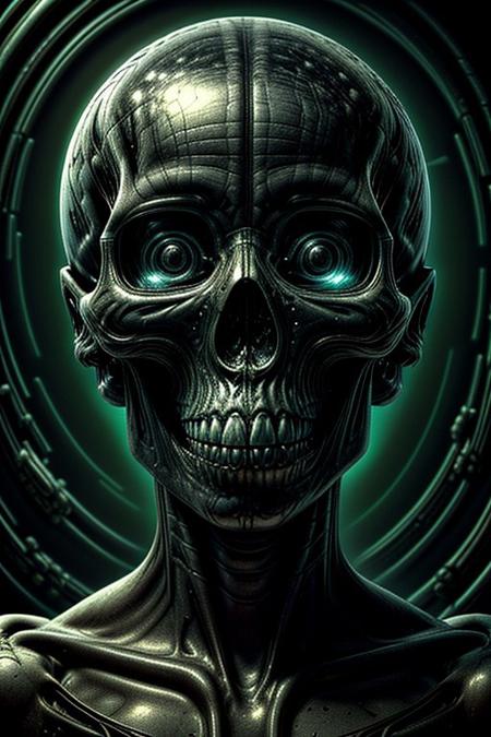 A close-up photorealistic image of a crystallic floating skull facing the viewer with its mouth open, pouring from it's mouth a shimmering liquid resembling the universe onto the ground, filled with rich stars and swirling galaxies. A simple void background enhances the dark atmosphere, shrouded in fog, capturing the hypnotic flow and shimmer of the cosmic liquid,