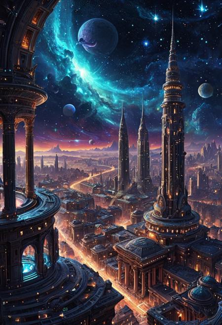 A breathtakingly vibrant and intricately detailed sci-fi artwork depicting a majestic cityscape set amidst a celestial backdrop of twinkling stars, with nebulae and galaxies swirling in the distance, illuminating the night sky. The city's architecture is a blend of futuristic and ancient structures, with sleek skyscrapers and grand, colonnaded buildings.