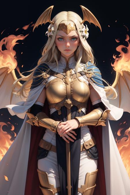 masterpiece, best quality, seiros, head wings, white cape, gold armor, forehead protector, yellow hair, hair flowers, gauntlets, white dress, standing, furrowed brow, looking at viewer, wasteland, fire <lora:rhea-nvwls-v3-000009:0.9>