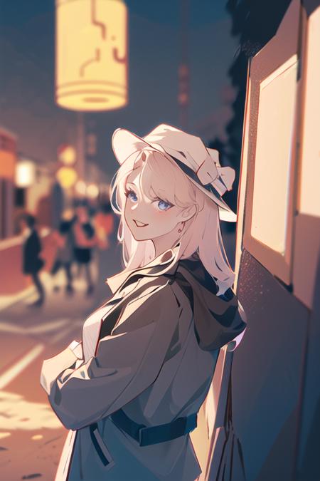 (best quality, high definition, masterpiece:1.2,), Illustration, night, 1girl, hat,jacket,waiting for kiss, looking at viewer, happy,   <lora:EileenV1:1>