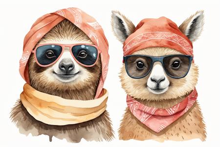 cute friendly animal friends,  sloth and Alpaca,  wearing sunglasses and bandana,  show its face,  watercolor sketch,  high detail,  clean edge,  cartoon style,  Vector Illustration,  on a white backgound,  minimal art,  watercolor gouache textured paper,  simplified line work,  flat illustration,  jon klassen style