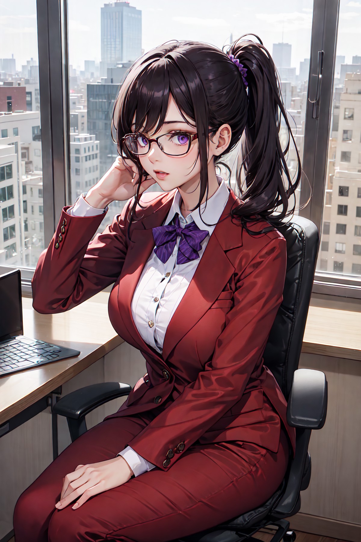 1girl with a very long hair, side ponytail, pompous red suit with purple details, stylish, curvy, sitting on office chair,...