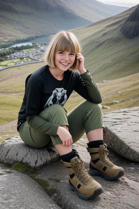 ((raw photo)),
Evie 22 years old, beautiful face, fashion model face, hiking jacket, black tee, cargo pants, walking boots, blonde hair, messy bob cut, bangs, green eyes, close up, tanned skin, full body shot, shy smile, sitting on rock high on mount Snowdon.