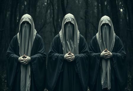 The characters in the image exudes an eerie, ritualistic presence. There are three identical figures standing in formation, cloaked in long, dark robes that shroud their entire bodies. Their faces and heads are wrapped in aged, tattered white cloth, hiding all identity and emotion. Hands clasped solemnly in front of them, they almost resemble mourners—or perhaps monks from some forgotten, shadowy order. The dense, dim forest behind them amplifies the unsettling stillness, casting them as ancient guardians or silent judges of a cursed domain.
They feel more like a single entity multiplied—an ominous trio with one collective purpose. I could imagine them as spectral watchers in a dark fantasy story, cultists of an eldritch god, or even avatars of judgment in a post-apocalyptic world.