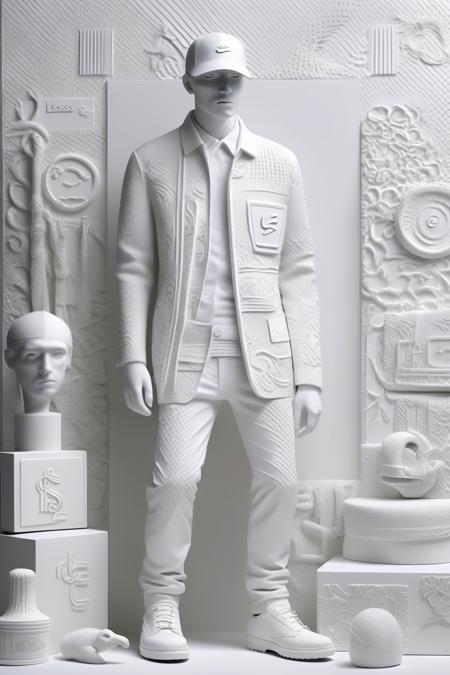 <lora:Daniel Arsham Style:1>Daniel Arsham Style - clothes as contemporary art sculpture white accessories very high embossed patterns monogram lacoste