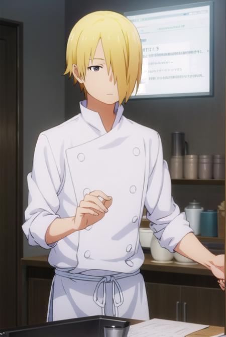 jun satou, blonde hair, male focus, (hair over one eye:1.5), (brown eyes:1.3),  apron, buttons, kitchen, chef,