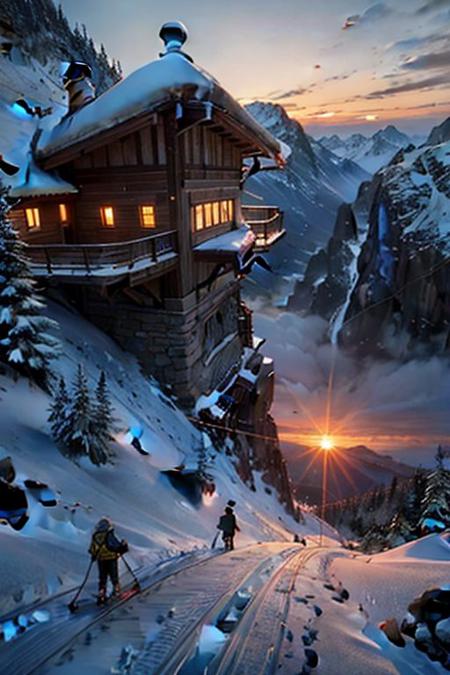 photo, fantastic ski resort building on the top of a high cliff, with gray and orange decoration, smooth lines, the sun is reflected in the mirrored windows,
people walking along a high suspension bridge in the mountains,
Swiss Alps, winter, sunset, full body. Epic cinematic brilliant stunning intricate meticulously detailed dramatic atmospheric maximalist digital matte painting