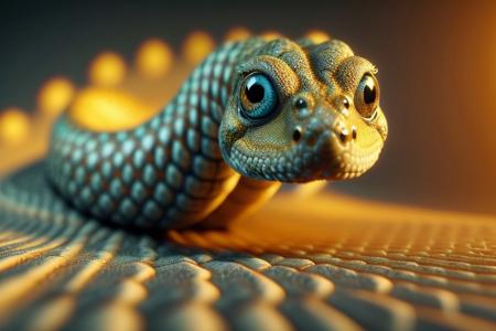 "A snake with eyeballs along its scales instead of traditional pattern, golden hour lighting, detailed macro shot, photoreal 4K render"