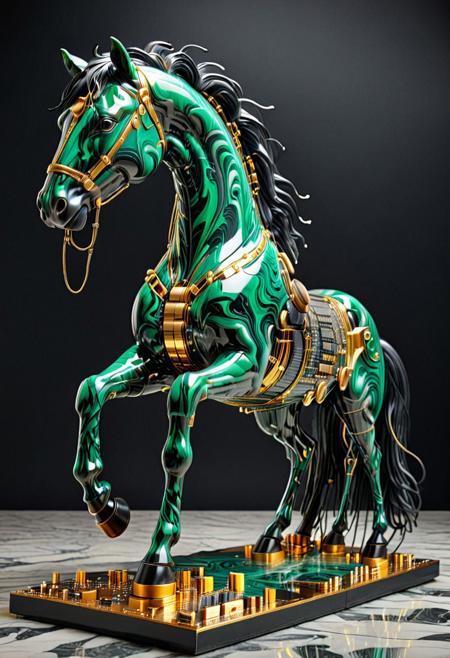 best quality, masterpiece, high resolution, intricate detailed,
(horse sculpture:1.2) made of black and green Liquid Marble, melting,
made out of transistors, LED, wires, clockwork, steampunk, 
with intricate geometric circuit board patterns, high detail,
gold veins, ethereal, majestic, detailed digital art, close up, ground shot, 
dark background,