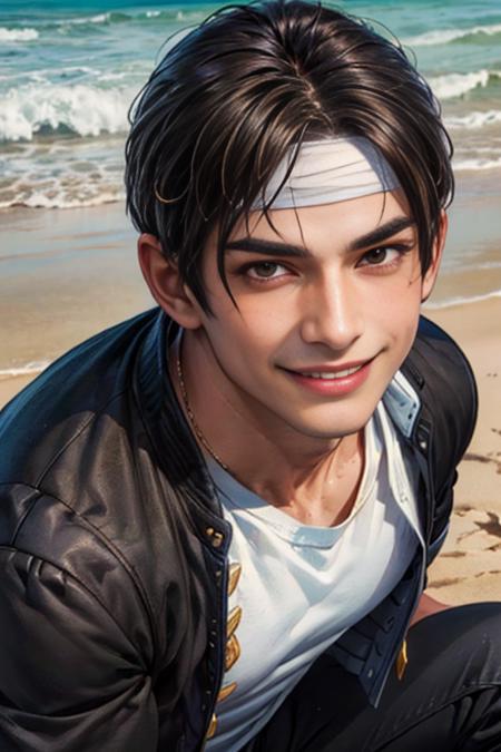 orochikyo, 1guy,  solo, black jacket, fingerless gloves, white t-shirt, headband, black pants, medium shot, brown eyes,  portrait, , handsome, smiling, charming, masterpiece, highres, detailed face,detailed eyes, smirk, at the beach <lora:ClassicKyo-000003:1>