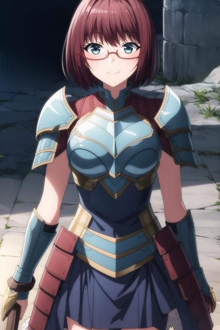 1girl, reddish purple hair, light blue eyes, eyebrows visible through hair, glasses, looking at viewer, short hair, smile, armor, armored boots, armored dress, breastplate, faulds, full armor, gauntlets, greaves, shoulder armor, solo, mutsu_amatani, <lora:add_detail:0.7>