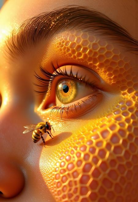 Illustrate a surreal, macroscopic close-up of a human eye, its perfectly formed honeycomb pattern merging with the iris. The hexagonal cells appear to extend inward like a tunnel of light and order, each chamber subtly vibrating with golden light. The pupil rests at the center of this tunnel, a dark portal surrounded by symmetry and structure. 
The skin surrounding the eye is covered in a biomimetic mesh reminiscent of the architecture of a beehive: hexagonal tessellations that extend like scales over the eyelid, eyebrow, and upper cheek, blending seamlessly into the natural skin tones. A bee lands delicately on the lower eyelid, its tiny wings capturing the ambient light, its slender legs brushing the border between the hive eye and human skin as if to deliver a secret. The bee is anatomically realistic, its eyes reflecting the honeycomb pattern that seems to attract it. The eyelashes curve like antennae, slightly iridescent at their tips, creating a unified aesthetic between insect and human. The lighting should be both intense and intimate: reflections on the moist surface of the iris, shadows forming between the honeycomb-like ridges of the skin, and a subtle halo of light in the reflection of the bee's eye. The concept should express the union of nature and consciousness, where the eye becomes the central organ of the hive—a visual metaphor for collective intelligence, ecological awareness, and the silent, powerful intelligence of pollinators within a shared biosphere.