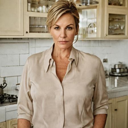 A portrait of a beautiful 40yr old thick busty Caucasian mother standing at kitchen taken by Martin Schoeller, for playboy centerfold cover {{highly detailed }}
