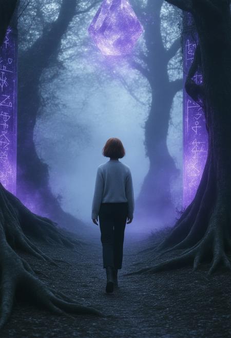 Epic cinematic poster, determined teenager girl (facing camera, short reddish-brown hair, freckled face) in modern school uniform: oversized white shirt under grey sweater, black tailored pants, chunky boots, walking forward through haunted forest. Clutching an ancient artifact — pulsating violet prism with floating geometric shards and glowing Elder Futhark runes — that illuminates her determined expression. Menacing gnarled trees with bioluminescent violet fungi roots, swirling mist morphing into spectral shapes, crumbling stone pillars covered in Celtic knotwork patterns. Dramatic three-point lighting: cold moonlight (left), warm artifact glow (center), purple aurora borealis (background). Intricate baroque-style border with amethyst vines and alchemical engravings, 8k hyper-detailed rendering reminiscent of Charlie Bowater's character design mixed with Jakub Różalski's atmospheric storytelling