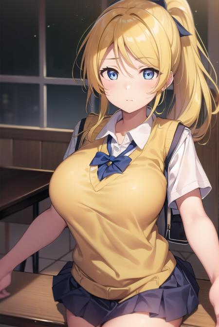 eliayase, <lyco:eliayase-lyco-nochekaiser:1>, 
eli ayase, yellow hair, blue eyes, ponytail, hair ribbon, 
BREAK otonokizaka school uniform, pleated skirt, school uniform, short sleeves, skirt, summer uniform, sweater vest, (yellow sweater vest:1.5),
BREAK looking at viewer,
BREAK indoors, classroom, 
BREAK <lyco:GoodHands-beta2:1>, (masterpiece:1.2), best quality, high resolution, unity 8k wallpaper, (illustration:0.8), (beautiful detailed eyes:1.6), extremely detailed face, perfect lighting, extremely detailed CG, (perfect hands, perfect anatomy),