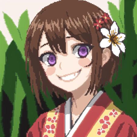 <lora:hcnone:1>, hcnone,  pixel art, 1girl, bangs, brown hair, crossed legs, flower, grin, hair ornament, hair over one eye, highres, holding, japanese clothes, kimono, looking at viewer, mole, mole under eye, red flower, rita rossweisse \(umbral rose\), short hair, smile, solo, spider lily, teeth, violet eyes