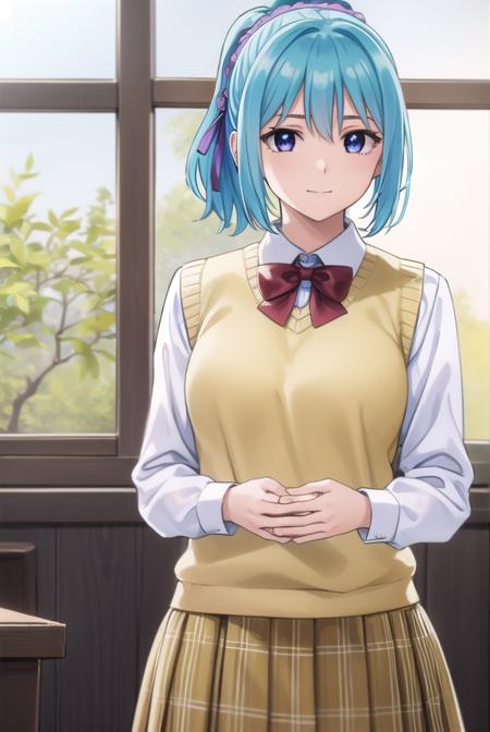 kurumukurono, <lora:kurumu kurono s2-lora-nochekaiser:1>,
kurumu kurono, short hair, blue hair, (purple eyes:1.1), ponytail, ribbon, hair ribbon, hair ornament, smile,
BREAK shirt, white shirt, long sleeves, bow, red bow, sweater vest, yellow sweater vest, skirt, plaid skirt, green skirt, socks,
BREAK indoors, classroom,
BREAK looking at viewer, (cowboy shot:1.5),
BREAK <lyco:GoodHands-beta2:1>, (masterpiece:1.2), best quality, high resolution, unity 8k wallpaper, (illustration:0.8), (beautiful detailed eyes:1.6), extremely detailed face, perfect lighting, extremely detailed CG, (perfect hands, perfect anatomy),