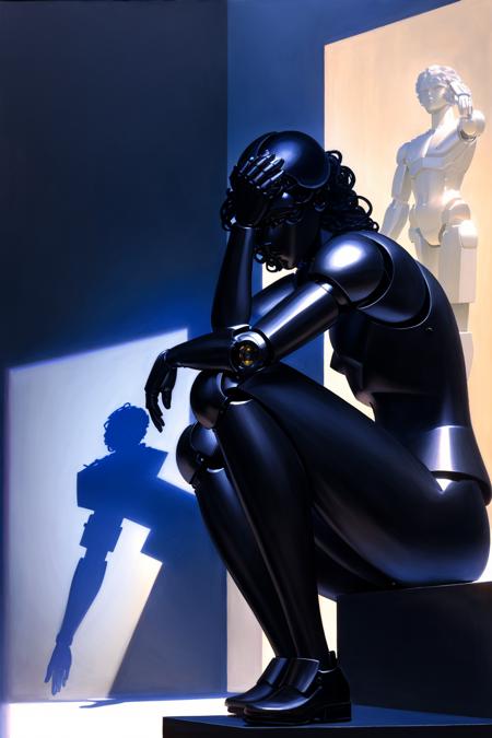 masterpiece of photorealism, highly detailed photorealistic 8k raw profesional photography, best quality, volumetric real time lighting and shadows, humanoid robot in an exact position as the thinker sculpture by rodin