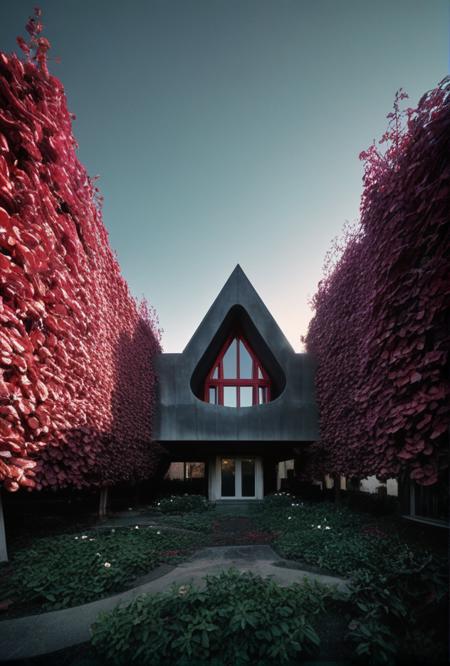 Analog photo (vulva shaped house with a brutalist style. Very startling mounain backdrop from a pedestrian perspective)cultivated fruit trees and flower bushes(ideal dim light surreal dark because a blood red eclipse is happening)(ultra-clear, deep blacks) purple neutral density gradient (laser architecture accent lighting)
<lora:LCM-LoRA-XL_V1:0.21>
<lora:SDXLHighDetail_v5:0.3>
 <lora:sdxl_photorealistic_slider_v1:1.2>