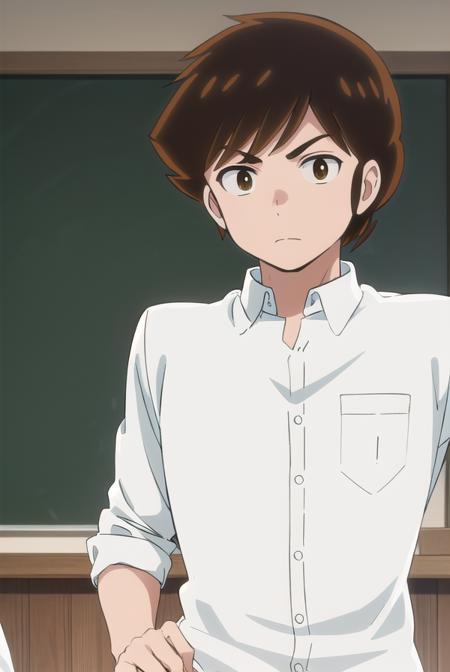 atarumoroboshi, <lora:ataru moroboshi s1-lora-nochekaiser:1>,
ataru moroboshi, brown hair, male focus, (brown eyes:1.5),
BREAK shirt, school uniform, white shirt, collared shirt, pants, black pants, sneakers, gakuran,
BREAK indoors, classroom,
BREAK looking at viewer, (cowboy shot:1.5),
BREAK <lyco:GoodHands-beta2:1>, (masterpiece:1.2), best quality, high resolution, unity 8k wallpaper, (illustration:0.8), (beautiful detailed eyes:1.6), extremely detailed face, perfect lighting, extremely detailed CG, (perfect hands, perfect anatomy),