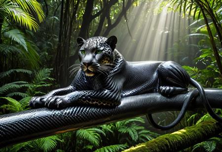 Highly detailed photographic image of a jaguar with incredibly intricate black carbon fiber "fur" resting on a large tree branch in the rainforest. The photorealistic natural forest surroundings an ironic contrast to details of the futuristic jaguar's woven carbon fiber coat, showcasing its distinctive beauty and muscular build in the woven strands. The rainforest environment should be lush and vibrant, filled with a variety of green foliage, exotic plants, and dappled sunlight filtering through the canopy above. Incorporate dramatic lighting to enhance the atmosphere, creating a sense of depth and intrigue. Include subtle elements such as mist or gentle rain to add to the mood, while ensuring the surreal carbon fiber jaguar remains the focal point of the composition. (Highly cinematic scene with natural surroundings; highly focused detail on the subject; beams of sunlight reflecting on the animal's unique carbon fiber fur; masterpiece scene; dramatic composition, 4k resolution, finely detailed texture)