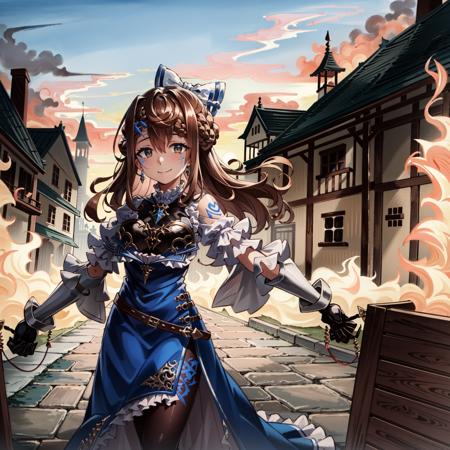 (best quality, masterpiece, highres:1.4),  an illustration of a girl standing, her arms are outstretched,  empty hands, she is standing happily before a burning city, full body, facial mark, facial tattoo, she has a facial mark of glowing blue lines in a jagged grid-like pattern, magic lines on face and body, 
1girl, brown hair, brown eyes, (gauntlets), pantyhose, solo, armor, blue dress, looking at viewer, dress, bow, frills, hair bow, hair between eyes,  puffy sleeves, short sleeves, black pantyhose, breasts, long hair, , white bow,  braid, bangs, armored dress,  frilled dress, puffy short sleeves, medium breasts, breastplate, medium hair,  brown pantyhose, belt, brooch, ribbon, jewelry,  frilled sleeves, hair ornament, skirt, shoulder armor, white shirt, pelvic curtain,  shirt,  gem,  blue bow,   short hair, hair ribbon, (tareme), petticoat,   french braid, juliet sleeves, fantasy, medieval, 
   <lora:MaishaLocon:1>, castle town in background, (detailed eyes, rendered eyes, piercing eyes, vibrant eyes), ((brown eyes:1.2)), glowing eyes, nose, gloves, smug, smile, closed mouth, sinister, evil, villain, a city on fire in the background, fire, flames, smoke, city in background, outdoors, torn clothes, medieval town, outstretched arms, outstretched hands,