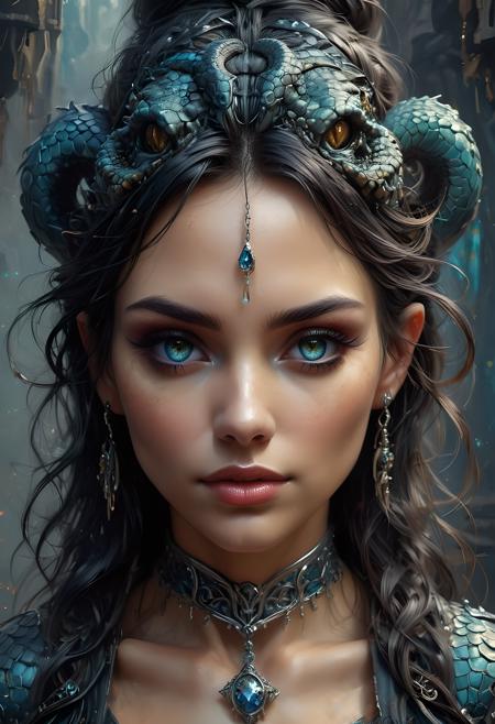dark fantasy setting,(ultra realistic:1.3),(best quality:1.3),(illustration:1.1),(hyper detailed:1.1),(high quality:1.1),masterpiece,pale complexion,(beautiful dark mage:1.2),(1 black haired sorceress:1.1),(dungeon setting:1.2),(full shot:1.3),(evil alignment:1.21),walking,(runic tattoo:1.3),(solo:1.21),light armor,(mage robes:1.2),snake helm,8k,(colourful:1.1),(high sharpness:1.1),(detailed pupils:1.21),(digital painting:1.1),detailed face and eyes,young,silver accessories,(serpent pet:1.2),long black hair,(blue eyes:1.2),(mage weapon:1.1),lanterns,neutral-evil alignment,(black snake:1.1),fantasy seaside village,(3/4 pose:1.5),(intimidating:1.2),portrait,fixl-art,perfect body,cinematic lighting,skull jewellery,<lora:SDXLFaeTastic2400:1>,<lora:more_details:1>,<lora:LaxpeintXL-2.0:0.7>,