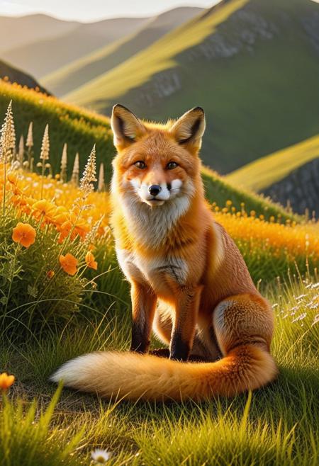anime style fox with vibrant orange fur textured like orange peel skin, sitting gracefully in a lush mountain meadow, surrounded by wildflowers and tall grass, soft golden hour lighting, cinematic atmosphere, sharp focus on the fox's expressive eyes and detailed textured fur, shallow depth of field, gentle bokeh, warm glow, detailed natural environment, crisp lines, flowing tail, subtle reflective highlights on the textured fur, serene and dreamy mood
, orange peel