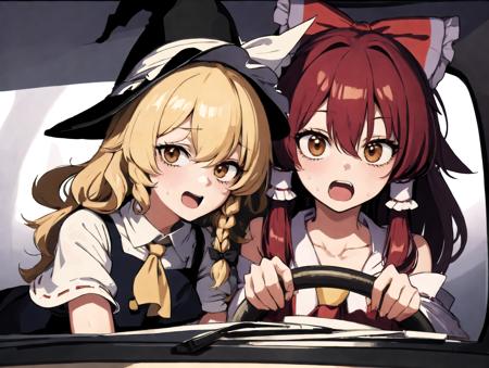 absurdres, highres, ultra detailed,  power_crashes_kobeni's_car_(meme),
2girls, (kirisame marisa:1.3), hakurei reimu,
<lyco:envybetterhandsLocon_beta2:1.0>perfect hands, <lora:kobeni_car_meme_v01l_C3_prodigy5:1>