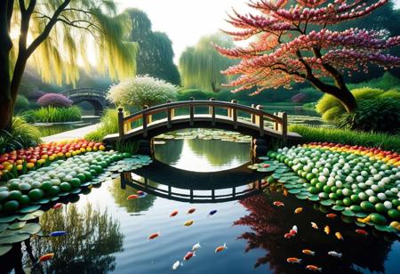 lazypos, Taste the Rainbow, [Skittles Theme], 
serenity theme, nature fantasy, watercolor aesthetic, soft lighting, dreamlike mood
A tranquil Koi pond nestled within a lush, hidden garden at twilight. Crystal-clear water ripples gently as vibrant koi fish made of skittles with shimmering hues of orange, white, and gold, glide beneath the surface. Floating lily pads and blooming lotus flowers drift across the pond, their petals glowing softly in the fading light. Bioluminescent fireflies dance in the humid air, casting delicate reflections on the water. Moss-covered stones form a natural border, with arching willows and flowering trees leaning protectively overhead. The ambient light is warm and diffused, evoking a sense of deep calm and wonder. In the distance, a small wooden bridge curves gracefully over the pond, partially obscured by gentle mist. The entire scene feels like a living watercolor painting, bathed in soft lighting and imbued with an ethereal, dreamlike atmosphere.