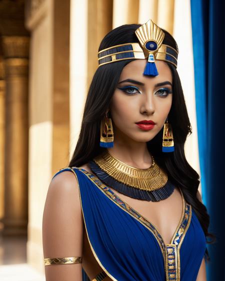 (RAW photo:1.4), (Realistic:1.3), (Highest Quality:1.6),  Cinematic Lighting, <lora:Cleopatra:0.6>1girl, cleopatra, Greek features, pharaoh, egyptian eye makeup,  cleopatras crown, blurry_foreground, depth_of_field, dress, solo, long straight black_hair, hair over one shoulder, blue sapphire jewelry, gold jewelry,  dress, red lips, necklace, egyptian blue curtains, <lora:add-detail-xl:1.2>,  <lora:Building_Egyptian:1.15>, (building_egyptian:1.3) background, (full body:1.4), shiny skin, rays of light, raytraced