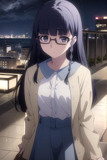 setsunashimazaki, <lora:setsuna shimazaki s1-lora-nochekaiser:1>,
setsuna shimazaki, long hair, bangs, (black eyes:1.5), black hair, braid, glasses, blunt bangs, twin braids, semi-rimless eyewear, under-rim eyewear,
BREAK shirt, blue shirt, collared shirt, cardigan, yellow cardigan, skirt, blue skirt,
BREAK outdoor, city, night, sky, buildings, moon, clouds,
BREAK looking at viewer, (cowboy shot:1.5),
BREAK <lyco:GoodHands-beta2:1>, (masterpiece:1.2), best quality, high resolution, unity 8k wallpaper, (illustration:0.8), (beautiful detailed eyes:1.6), extremely detailed face, perfect lighting, extremely detailed CG, (perfect hands, perfect anatomy),