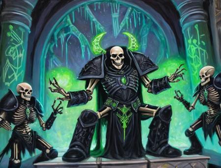 Intricate semi-realistic high resolution painting of simple background, grimdark, <lora:Oldhammer:1>, an ancient skeletal liche wearing black obsidian armor with green magical glowing runes attacking a trio of surprised adventurers in a massive throne room, life-like shadings and texturing, smooth blending