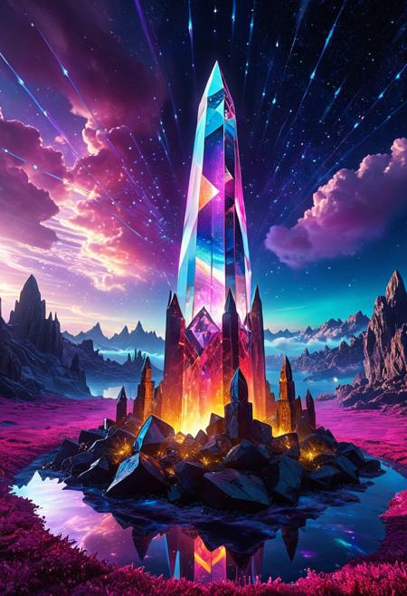 Concept: Ethereal Tower, Soul Memory Spire, Prismatic Crystal Fortress, Living Light Monument.
Object: colossal tower, giant spire, transparent structure, glowing crystal, internal light, shimmering surfaces, soul gems, light arcs, pulsating glow, kaleidoscopic patterns, translucent, ornate architecture, ancient monument, beacon.
Effects: ethereal light arcs, prismatic glow, kaleidoscopic vitality, trembling shadows, light refraction, vibrant aura, soul-bound crystals, spectral light, shimmering particles, atmospheric glow, light trails.
Colors/Hues: rainbow colors, vibrant spectrum, deep jewel tones, pure white light, ethereal pastels, shifting hues, iridescent, multi-colored light.
Background: floating island, cosmic backdrop, starry night, abstract light patterns, glowing clouds, serene landscape, mystical plateau.
Style: fantasy art, ethereal illustration, dreamlike, magical realism, spiritual art, vibrant light effects, mysterious atmosphere, intricate details, crystalline structure, panoramic view, cinematic lighting.