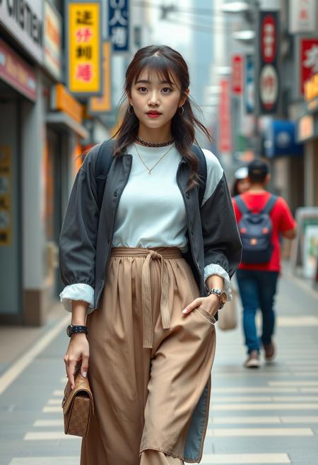 A young Korean woman wearing a modern streetwear outfit inspired by traditional hanbok, walking through a busy Seoul street, realistic style, high detail, fashionable and trendy, urban vibe.