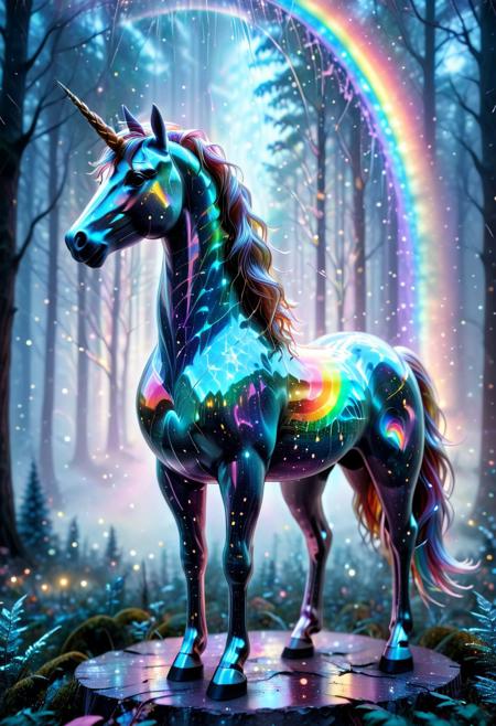 lazympos, h4v_h0l0, holographic unicorn with horn made of starlight filaments and rainbow refractions, standing in a cracked lightscape, fog swirling with rainbow particles, fairy forest