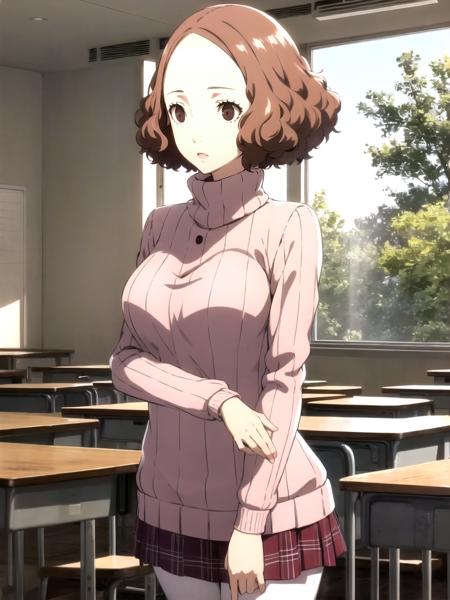 masterpiece, best quality, 1girl, solo, dsharu, brown hair, short hair, brown eyes, pink ribbed sweater, turtleneck, plaid skirt, white floral print pantyhose, school uniform, standing, indoors, classroom, detailed background, cowboy shot
 <lora:dsharu-v2:1> <lyco:p5-anime_style_lc:0.6>