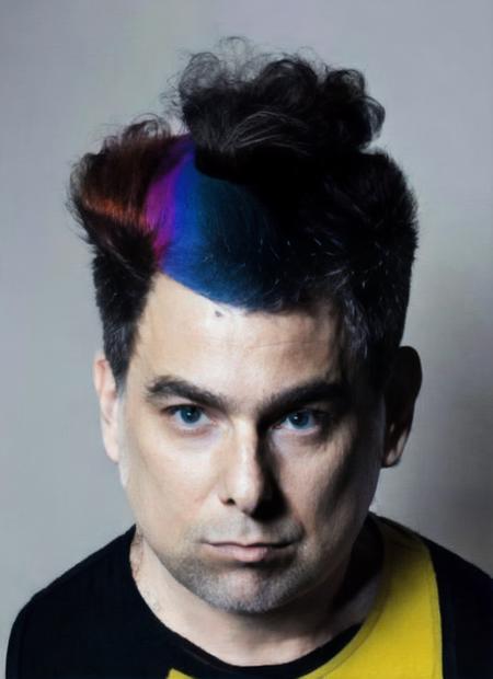 analog style, modelshoot style, portrait of sks man by Flora Borsi, style by Flora Borsi, bold, bright colours, rainbow Mohawk haircut, ((Flora Borsi)), <lora:calamardo:1.25>