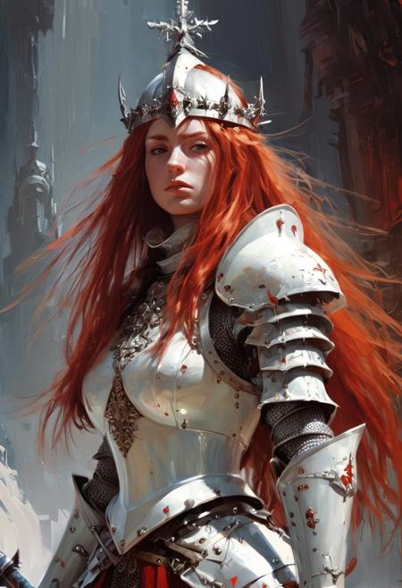 1girl, solo, knight, armor, full body, long hair, red hair, crown, mace, weapon, white armor, holy, radiant, detailed, standing, strong, powerful, confident, elegant, regal, fantasy, medieval, high contrast, sharp focus, intricate design, metal armor, chivalry, heroic, noble, warrior,John Berkey Style page