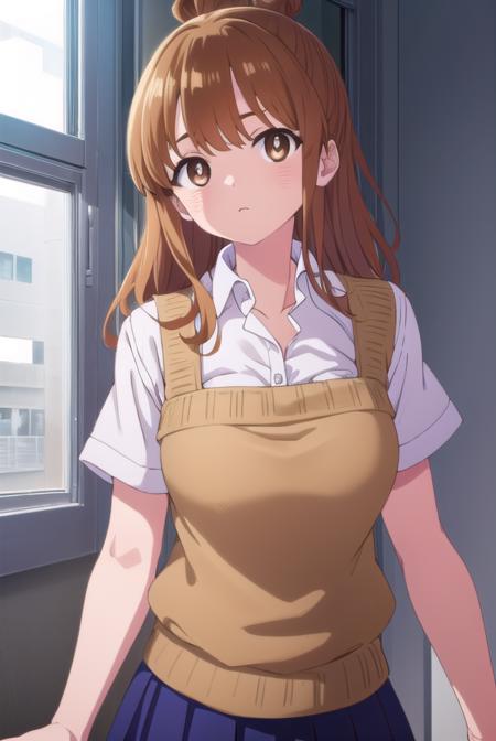 moekosekine, <lora:moeko sekine s1-lora-nochekaiser:1>,
moeko sekine, long hair, skirt, brown hair, (brown eyes:1.5), hair bun, single hair bun, sidelocks,
BREAK skirt, shirt, school uniform, white shirt, short sleeves, pleated skirt, collared shirt, blue skirt,
BREAK indoors, classroom,
BREAK looking at viewer, (cowboy shot:1.5),
BREAK <lyco:GoodHands-beta2:1>, (masterpiece:1.2), best quality, high resolution, unity 8k wallpaper, (illustration:0.8), (beautiful detailed eyes:1.6), extremely detailed face, perfect lighting, extremely detailed CG, (perfect hands, perfect anatomy),