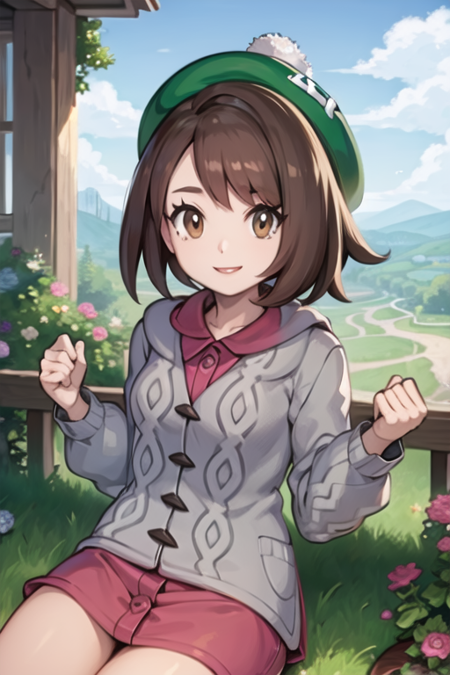 masterpiece, best quality, <lora:Gloria:0.8>, gloria \(pokemon\), grey cardigan, pink dress, tam o' shanter, smile, english countryside, green headwear