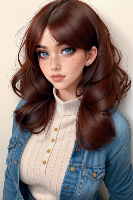 <lora:detail_slider_v4:1>masterpiece, high quality,   <lora:r3tr0r3dd0ll:0.75> r3tr0r3dd0ll, 1girl,long hair,blue eyes,dark red hair,wavy hair,parted bangs, freckles,  <lora:age_slider_v6:1>